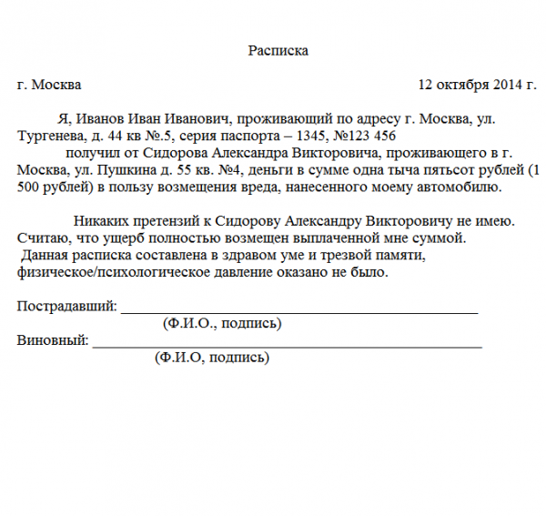 Как пишется расписка образец о договоренности