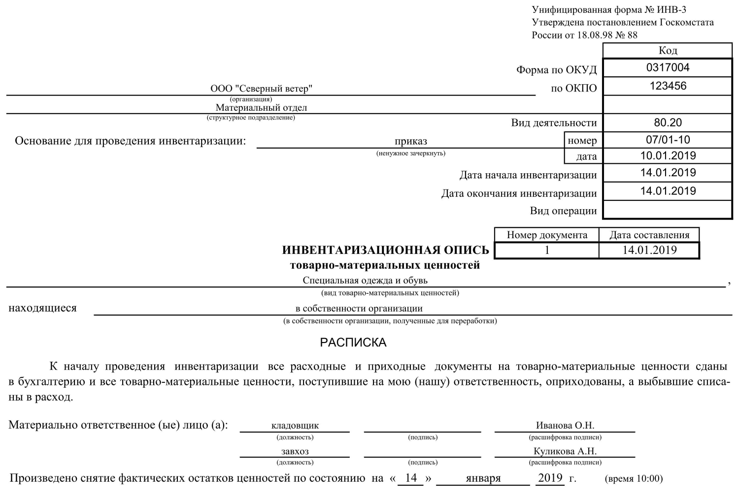 Инвентаризационная опись нма образец